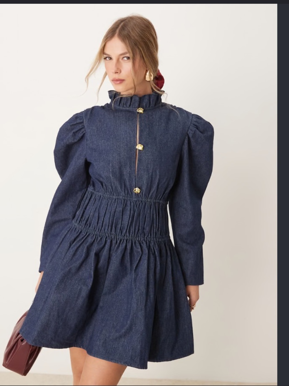 Nwot Ghospell Denim Mini Dress In Indigo gold button fall party $160 designer